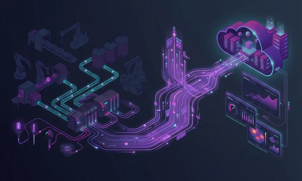 Illustration of industrial data flowing from factory sensors and machines through control systems to cloud dashboards and analytics